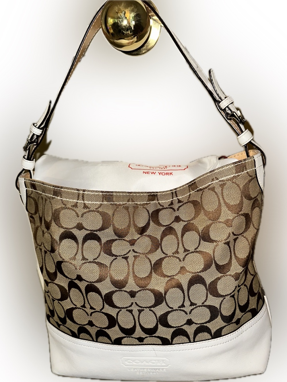 Coach Brown Khaki Signature Canvas Shoulder Bag with White Trim